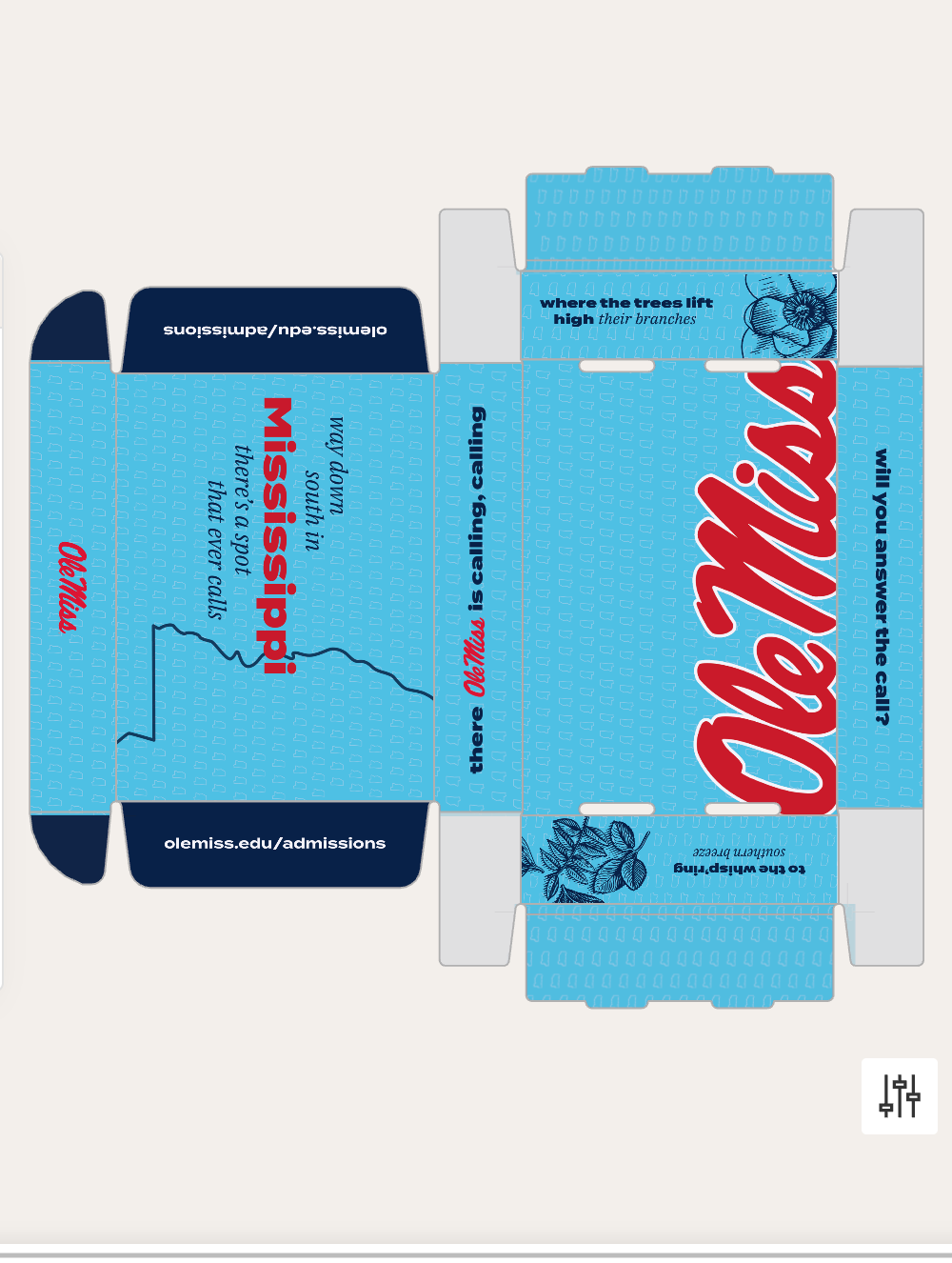 Ole Miss university branded blue box packaging design with school name, website, and decorative floral elements.