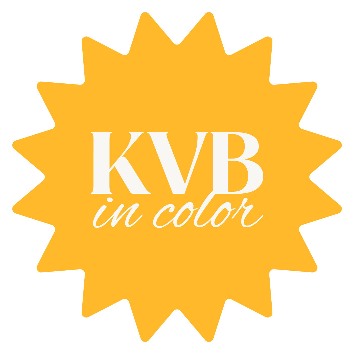 Golden yellow starburst badge logo with KVB in color text in white serif and script fonts.
