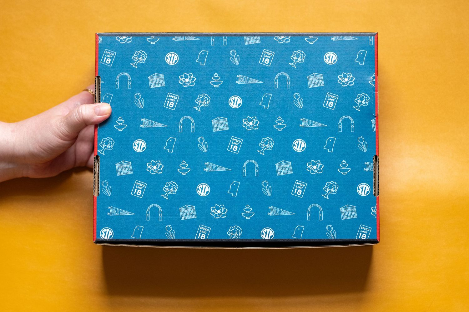 Hand holding a blue patterned gift box with white icons on a yellow background.