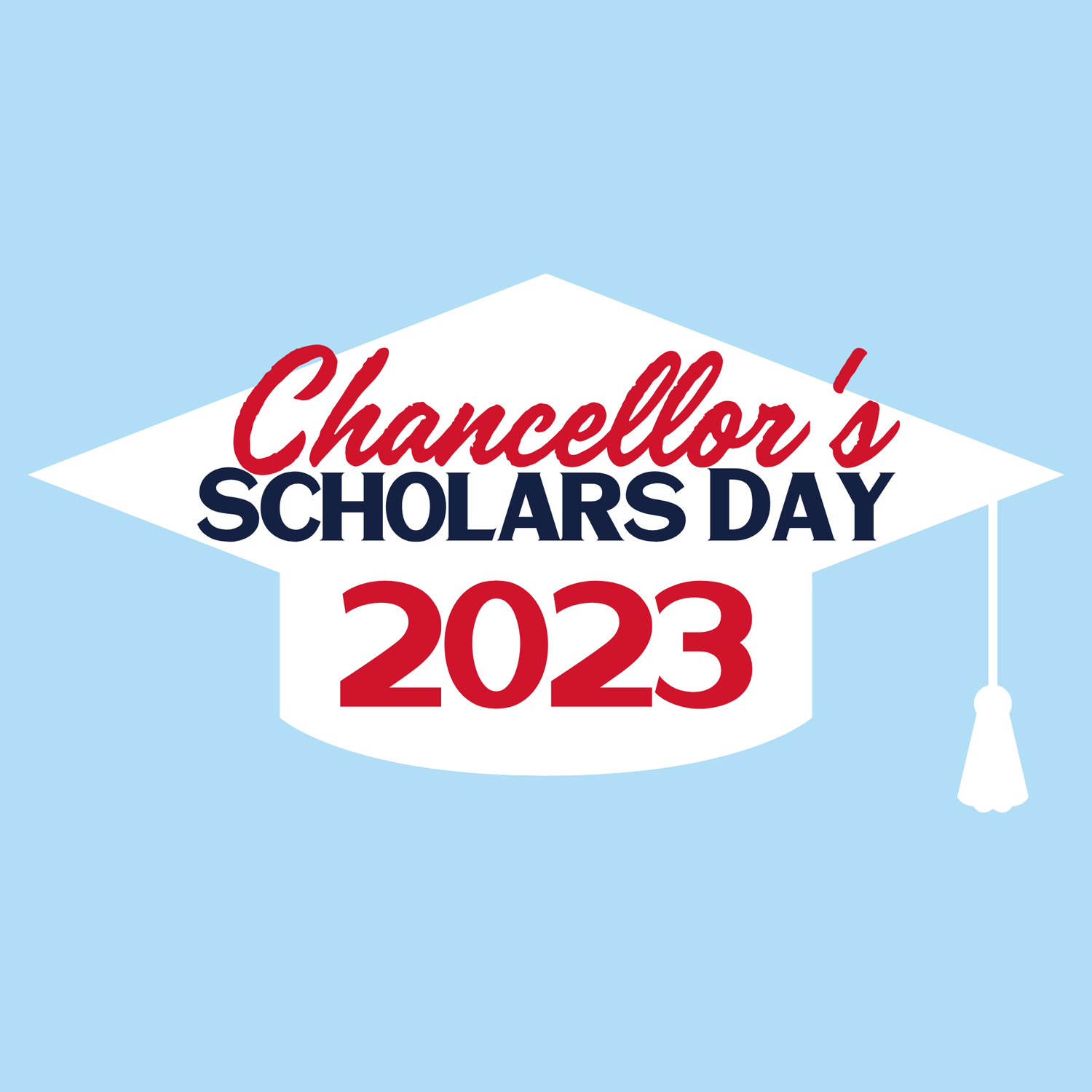 White graduation cap logo for Chancellor's Scholars Day 2023 on light blue background.