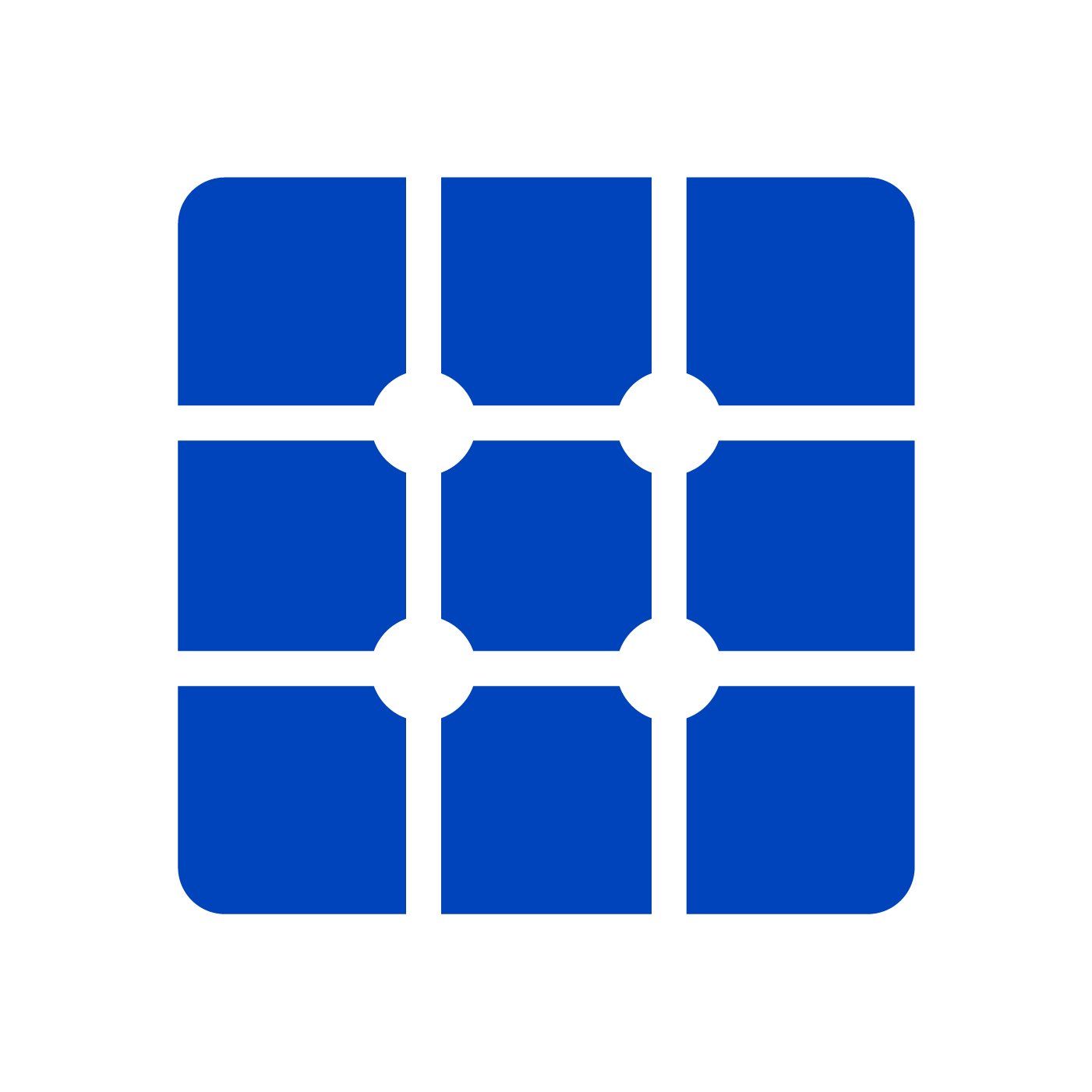 Blue icon featuring a 3x3 grid of rounded squares connected by white dots, representing a modular network or app grid.