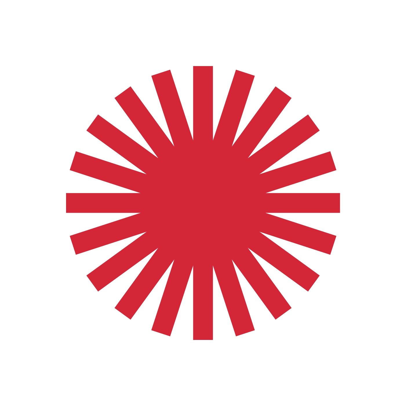 Red rising sun graphic with radiating beams on white background, resembling Japanese flag design.