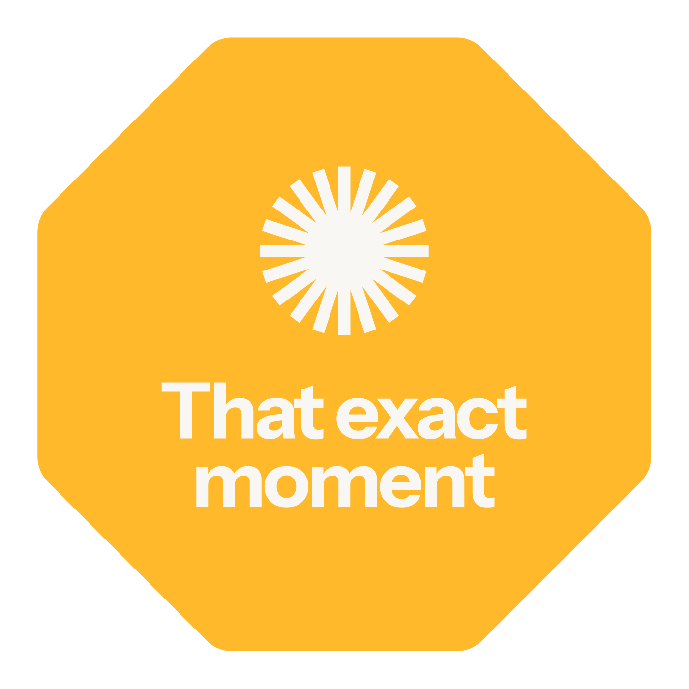 Golden octagon logo with white sunburst icon and bold text reading That exact moment on yellow background.