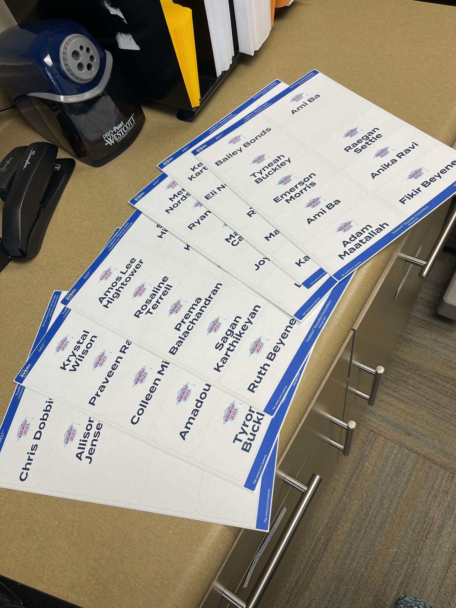 Printed name tags with blue borders arranged on a table for an office or corporate event meeting.