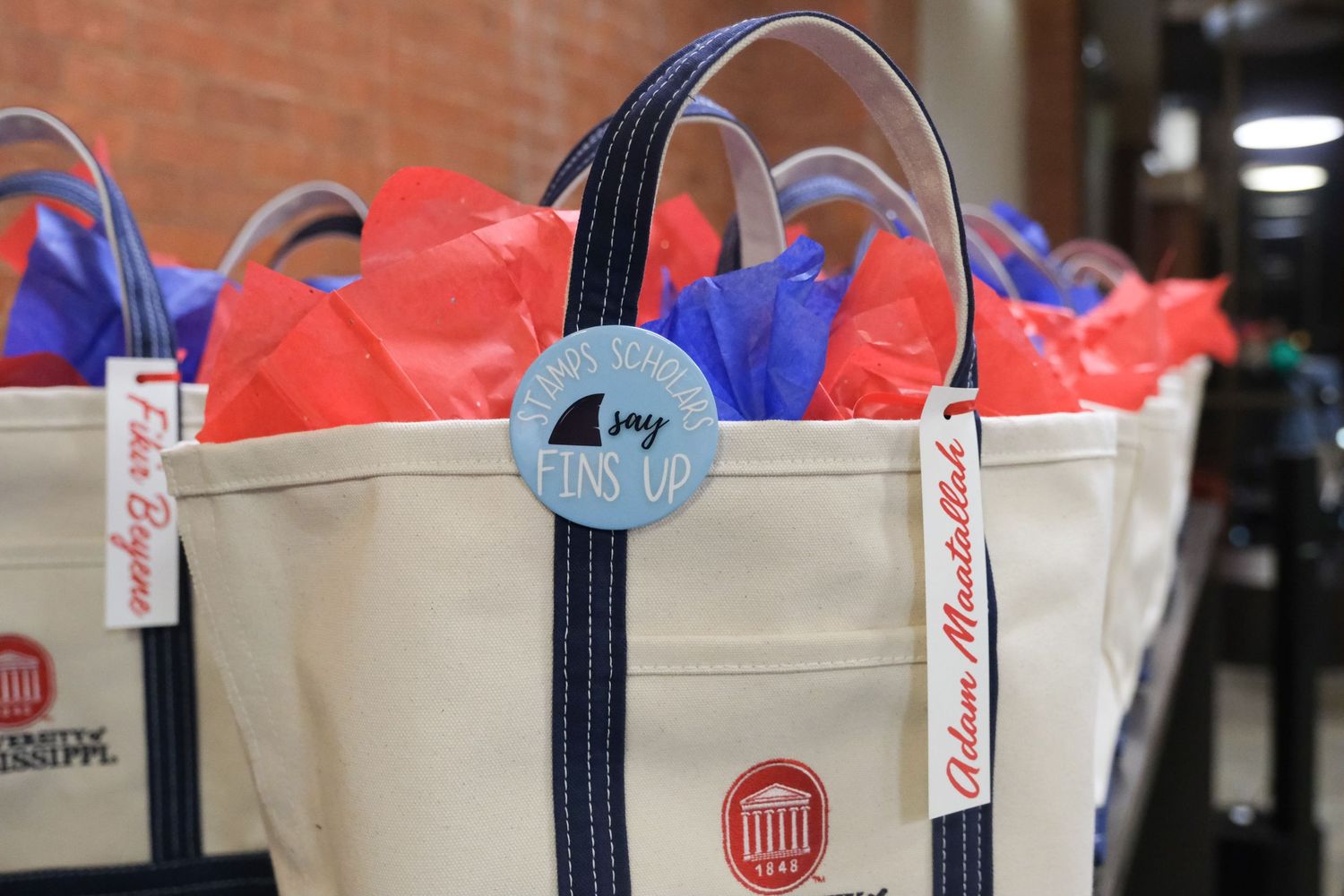 Canvas tote bags with red and blue tissue paper, featuring Fins Up and University of Mississippi Alumni Association logos.