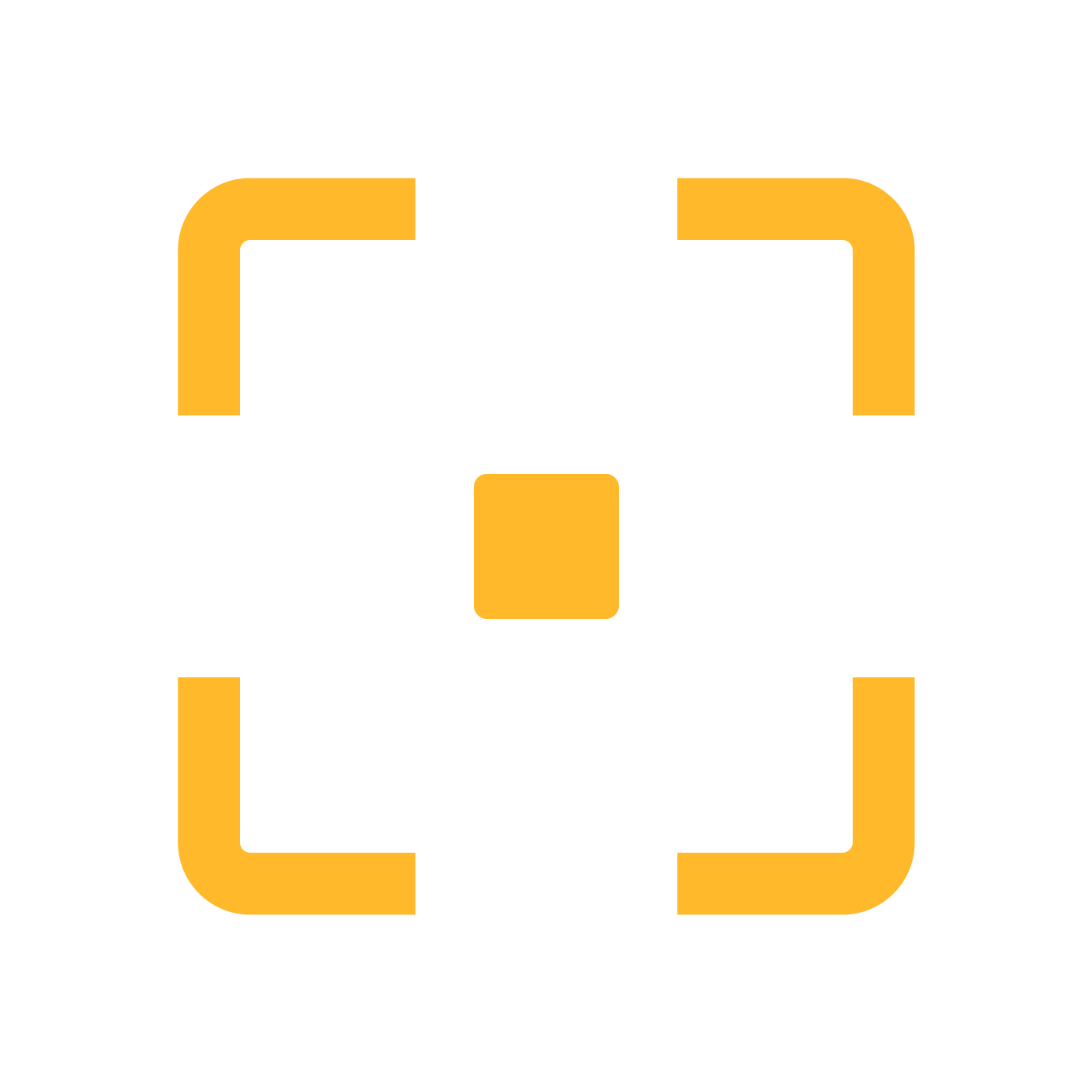 Golden yellow scan or focus frame icon with a small square center point on white background.