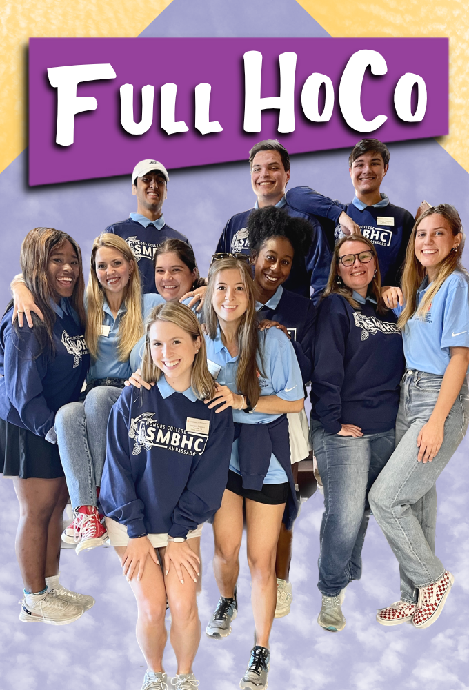 Group of smiling teens in blue SMBHC shirts pose together under a colorful Full HoCo title graphic.