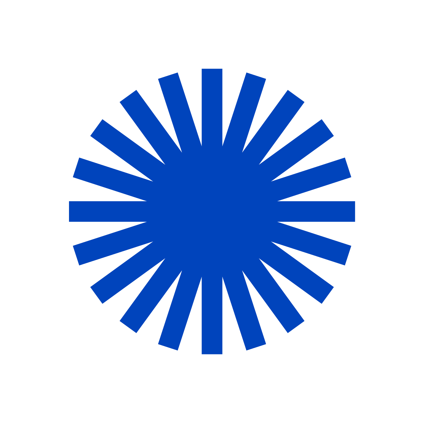 Blue sunburst logo with radiating rays forming a circular pattern on white background.