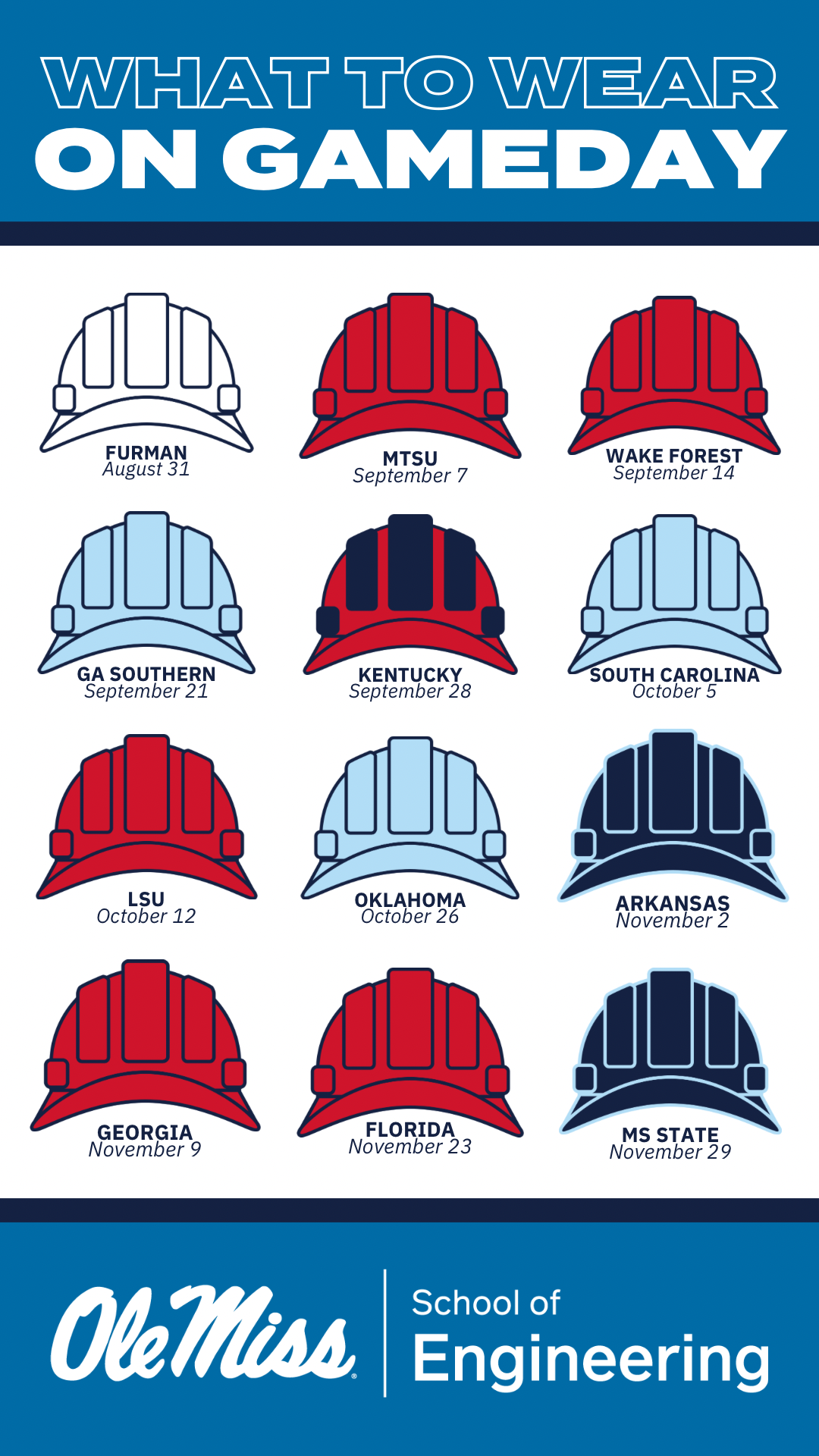 Ole Miss School of Engineering gameday hard hat color guide showing helmet colors for each 2014 football game opponent and date.