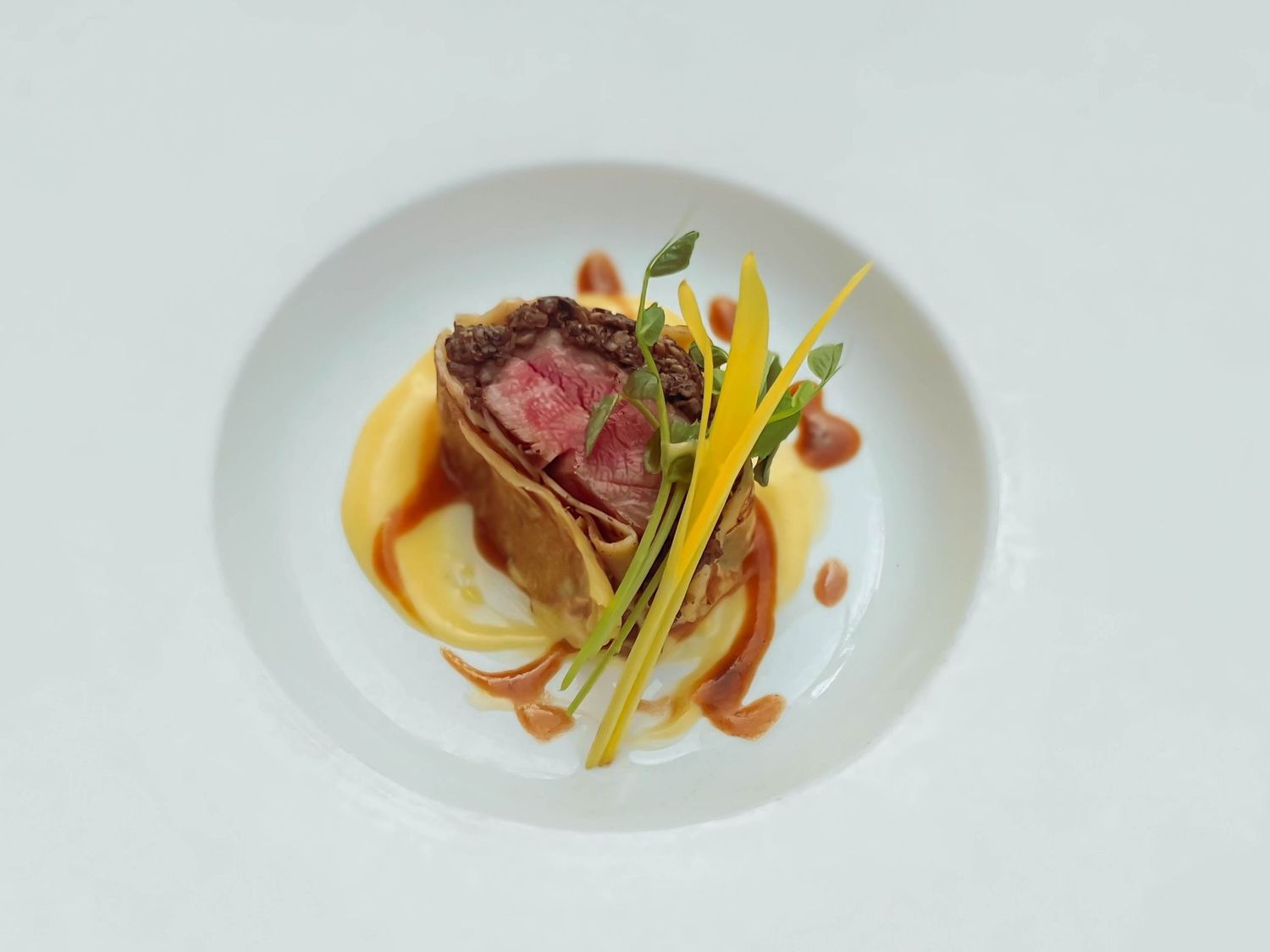 Gourmet plated beef dish with yellow asparagus and sauce on white porcelain. Photo shot by Mikiah Nicole Dixon