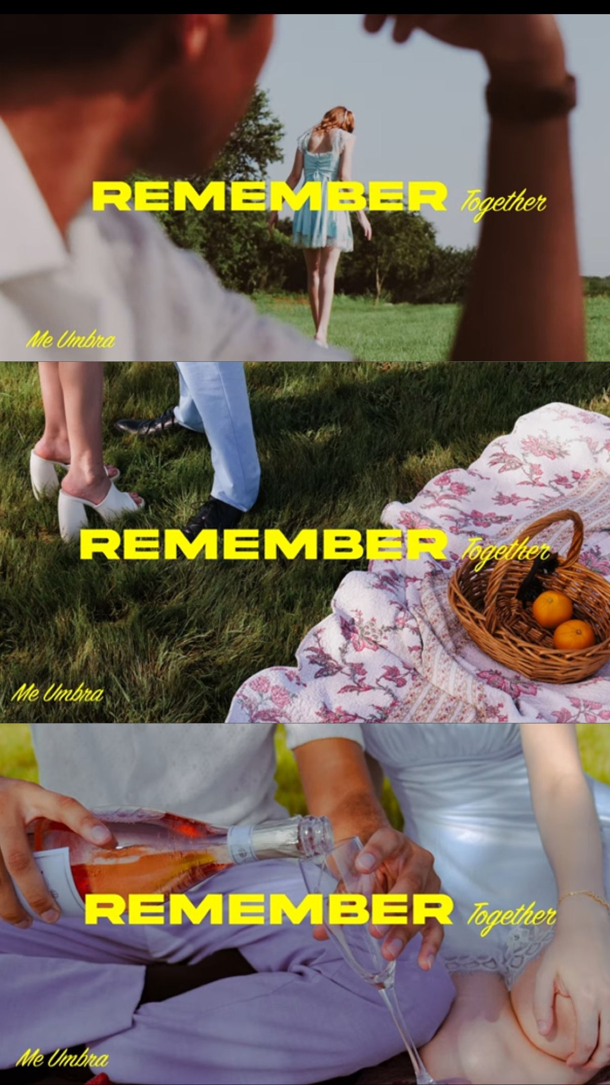 Romantic photo collage with vintage dress, picnic basket and couple moments labeled 'Remember'.