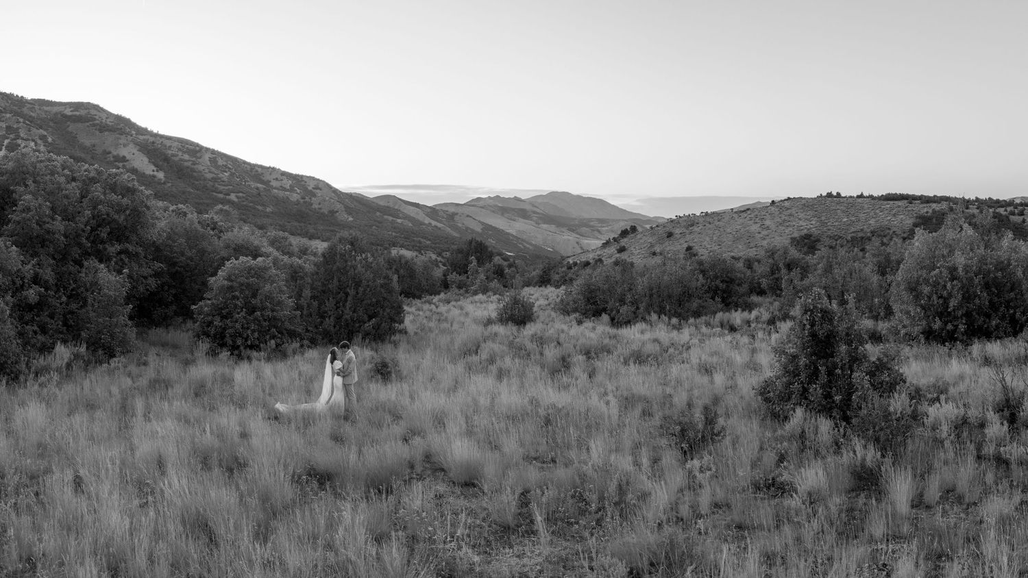 Documentary-style Des Moines wedding couple in romantic black and white landscape Iowa countryside.