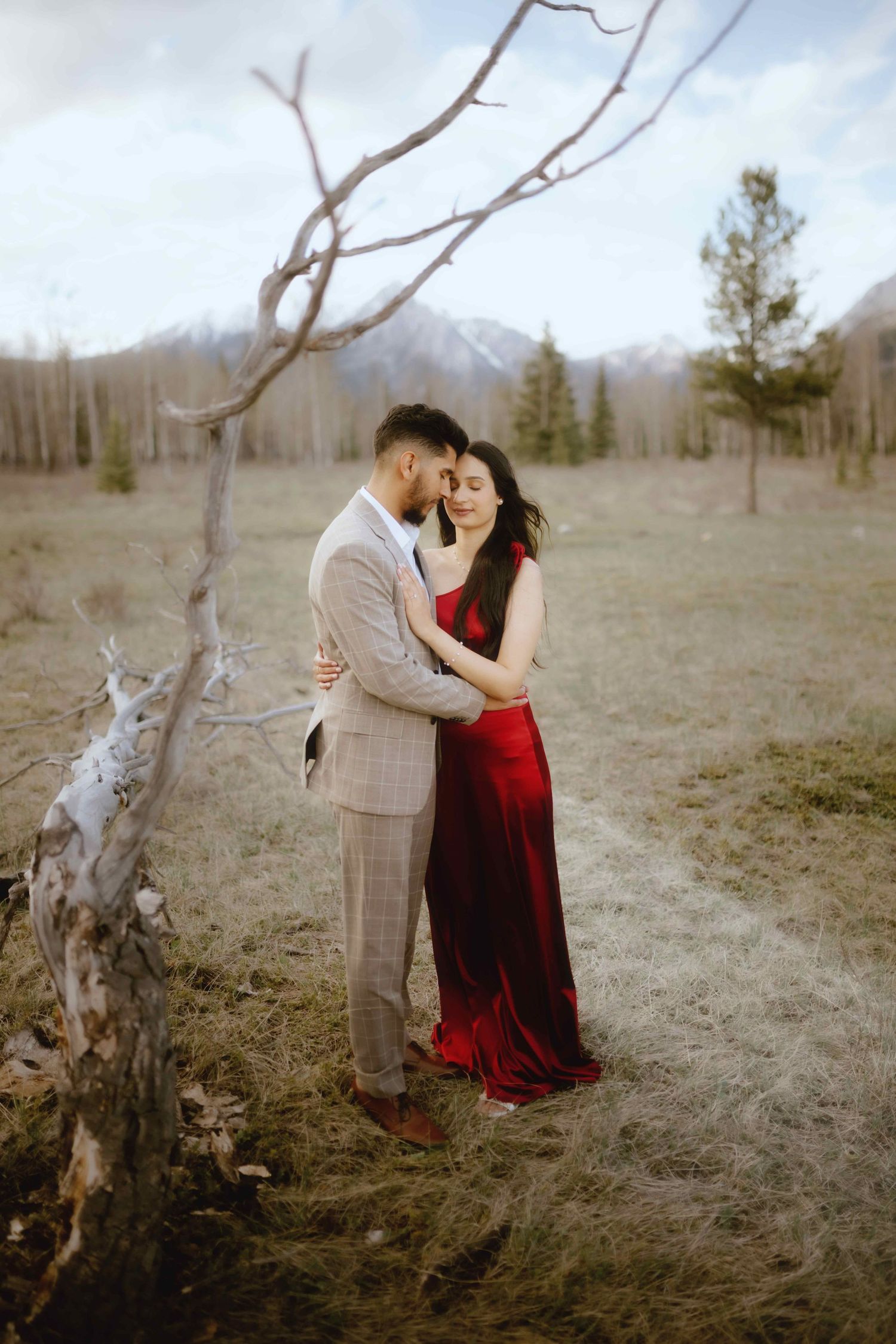 A couple shares a tender moment in a field with mountains and bare trees at sunset.
Banff Couple Shoot