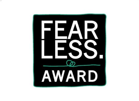 Black and white square logo design for FEARLESS AWARD with a green underline accent.