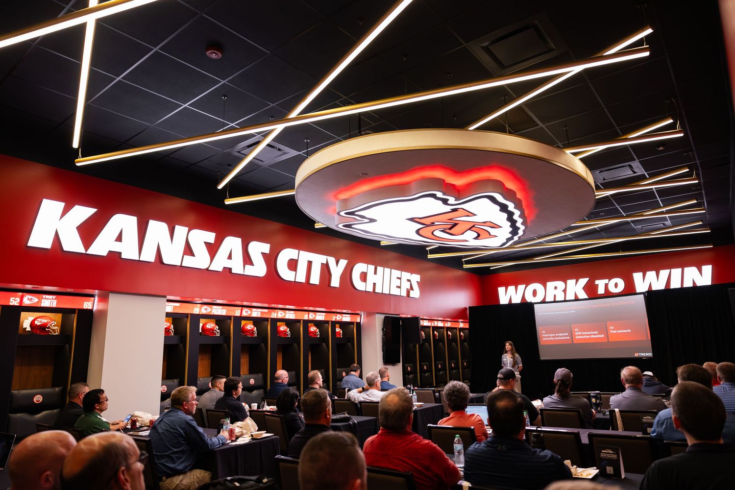 Presenter speaking to audience in the Kansas City Chiefs locker room with Work to Win signage.