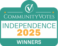 CommunityVotes Independence 2025 Winners badge with teal and white design.