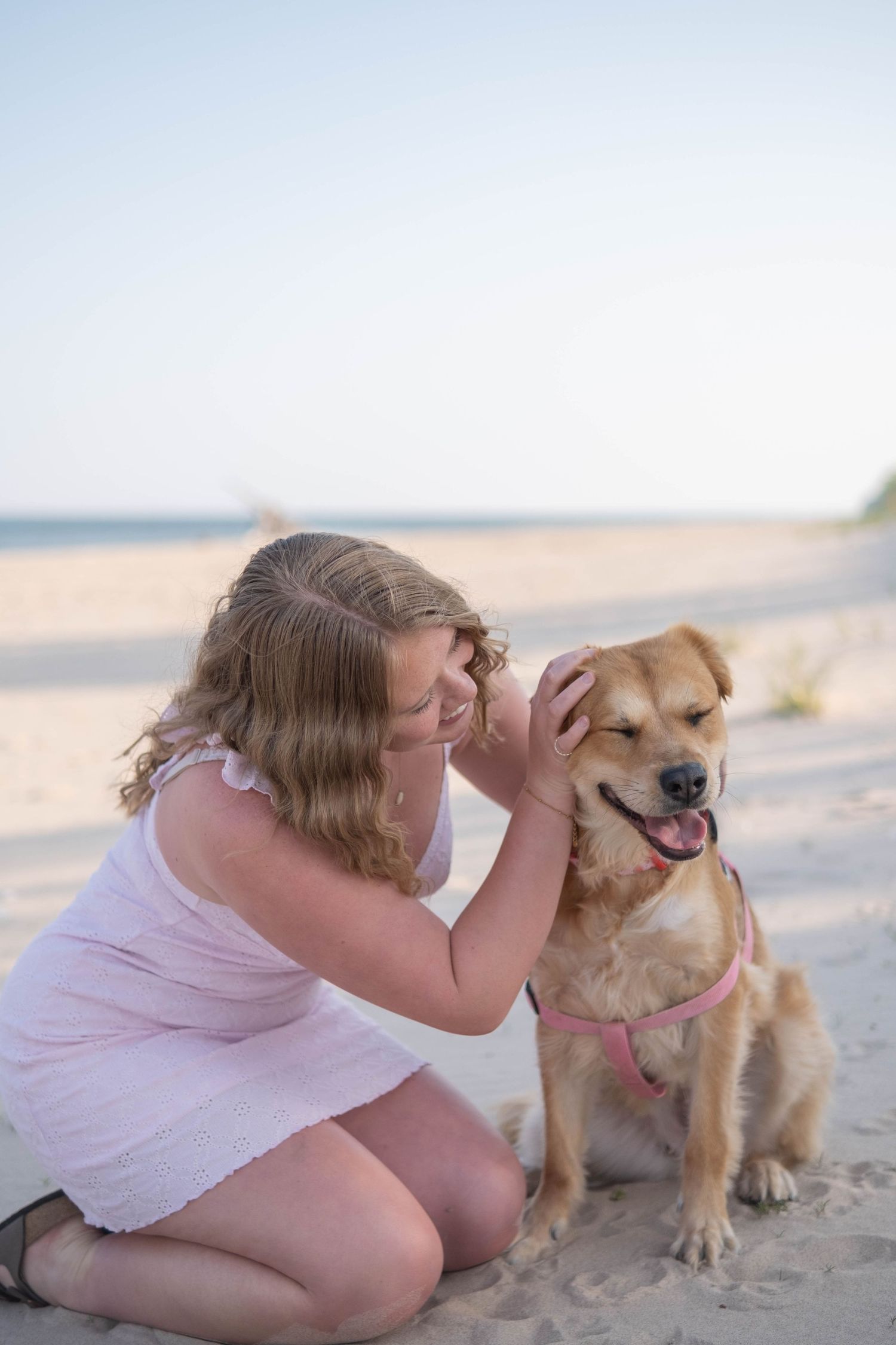 A person in a pink top shares a joyful moment with their golden dog on a sunlit beach.