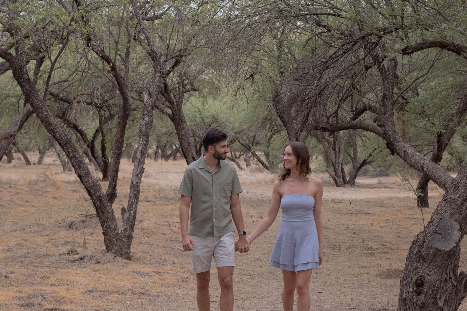 A couple holds hands while walking through an orchard of twisted trees.