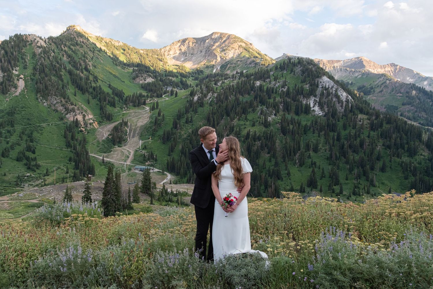 Scenic mountain landscape in Telluride with snow-capped peaks and lush green valleys during golden hour.