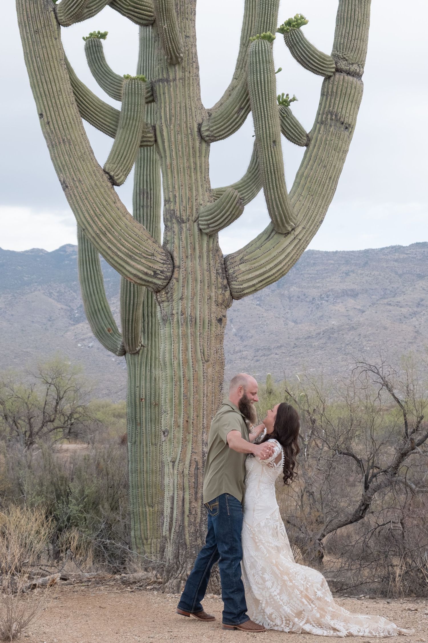 A romantic outdoor photo during an elopement in a desert landscape with towering saguaro cacti and mountains in the backdrop.