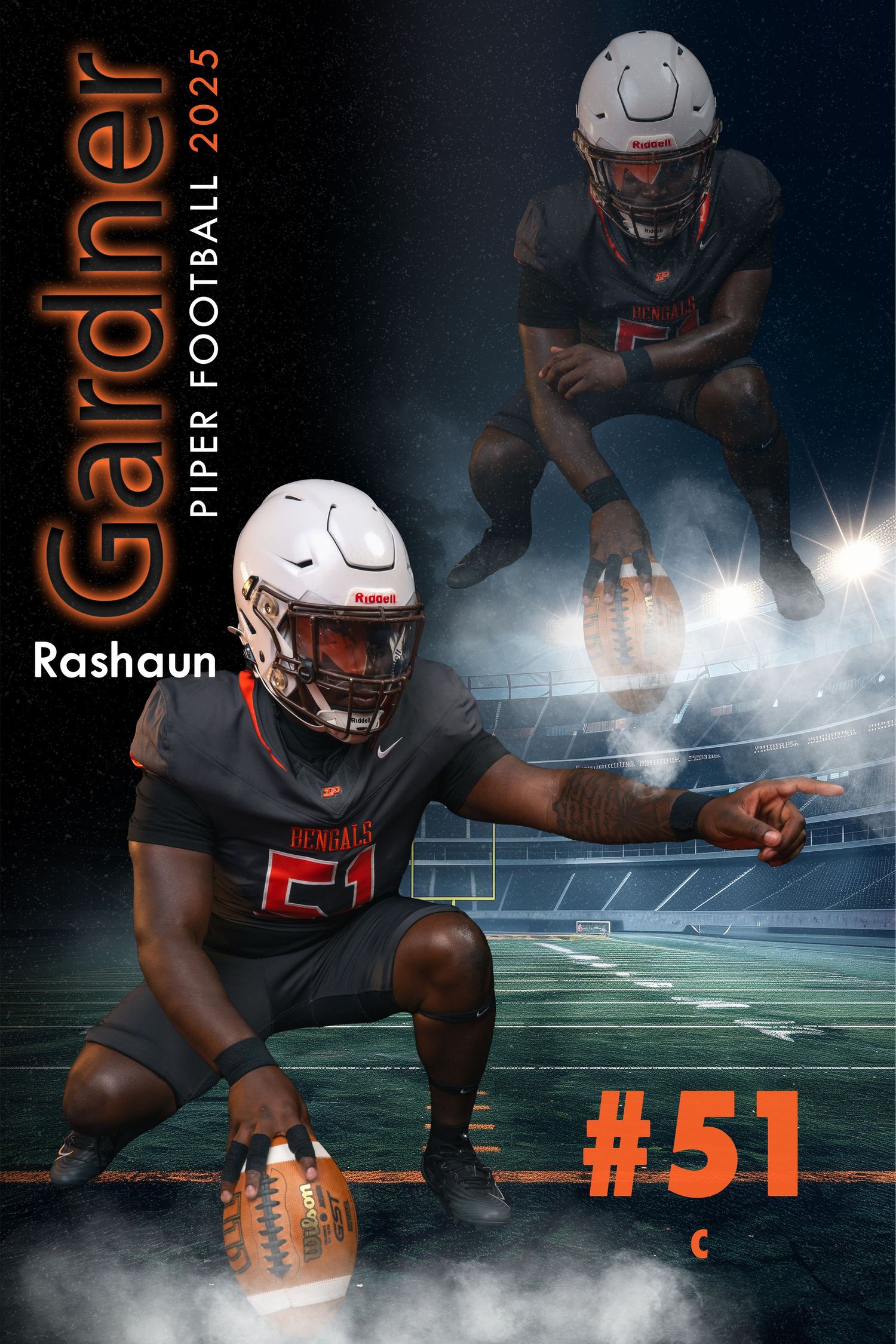 Rashaun Gardner Piper Football 2025 number 51 center composite sports portrait card with football.