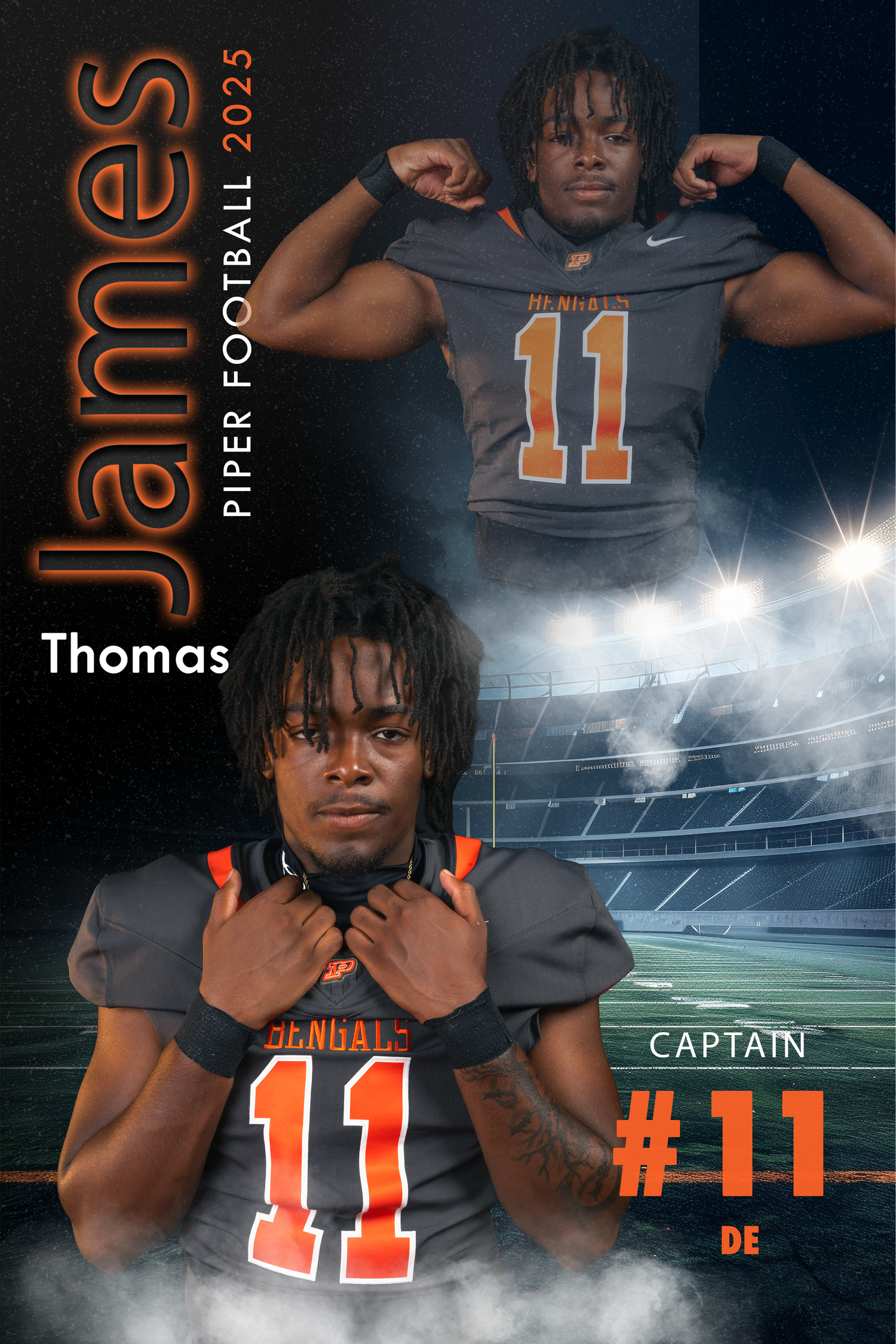 James Thomas Piper Football 2025 captain number 11 defensive end composite sports portrait card.
