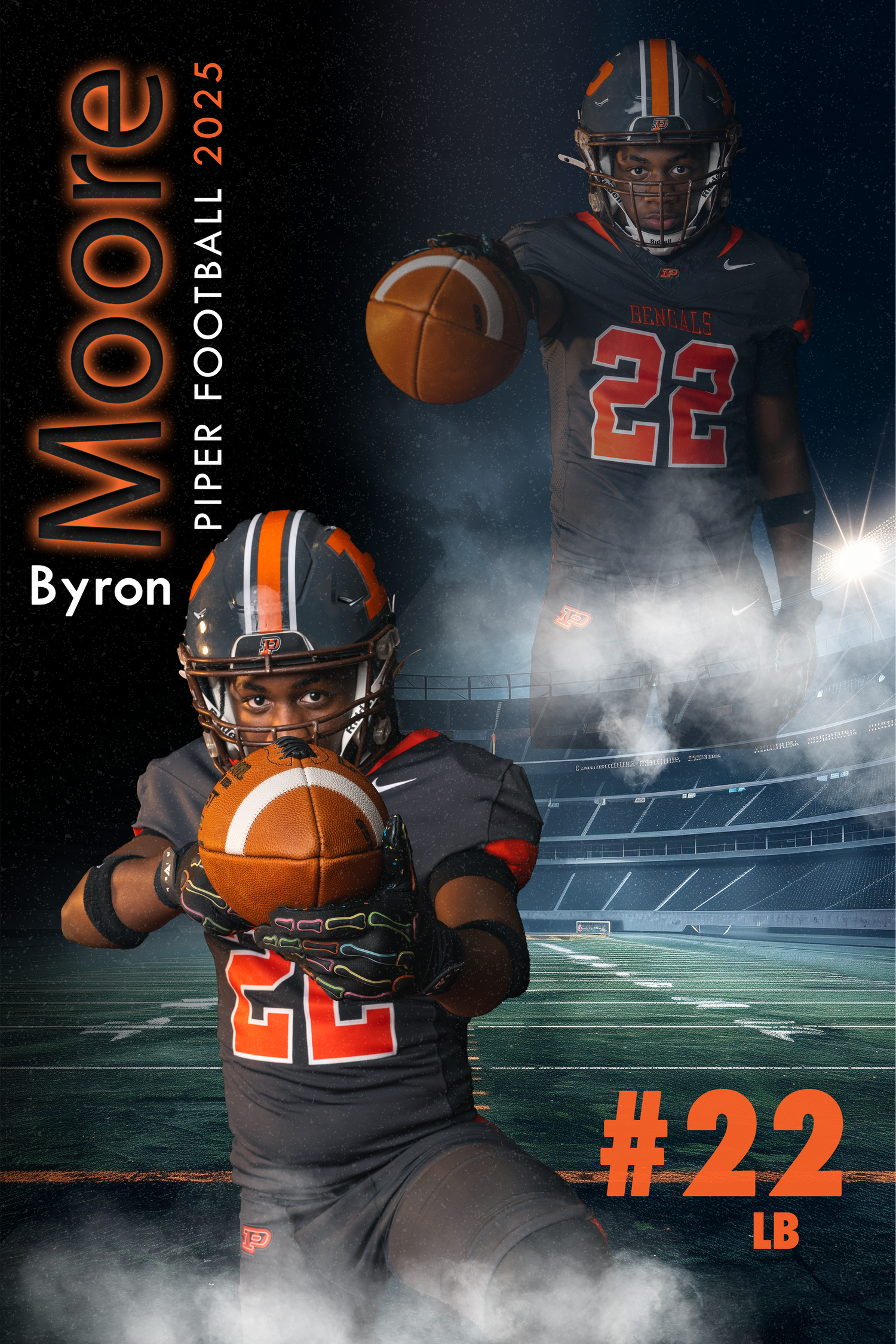 Byron Moore Piper Football 2025 number 22 linebacker composite sports portrait card with football.