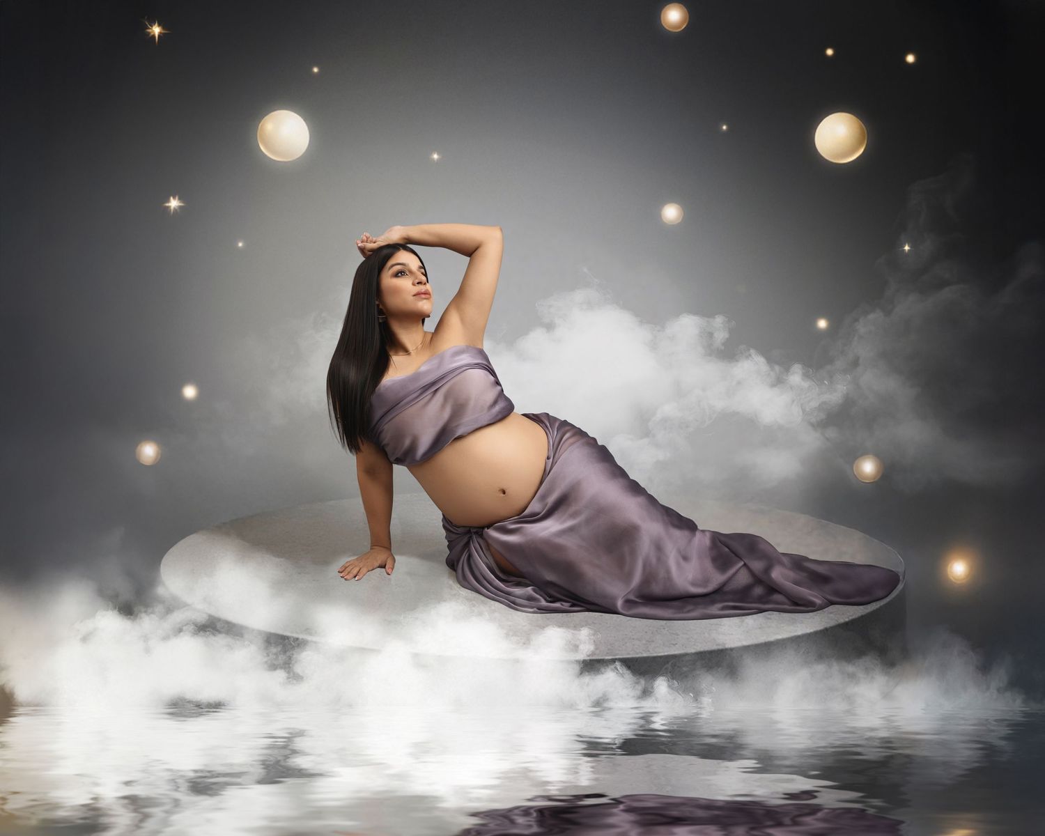 A surreal fantasy photo composite of a figure in a flowing purple dress floating over misty water beneath a starlit sky.