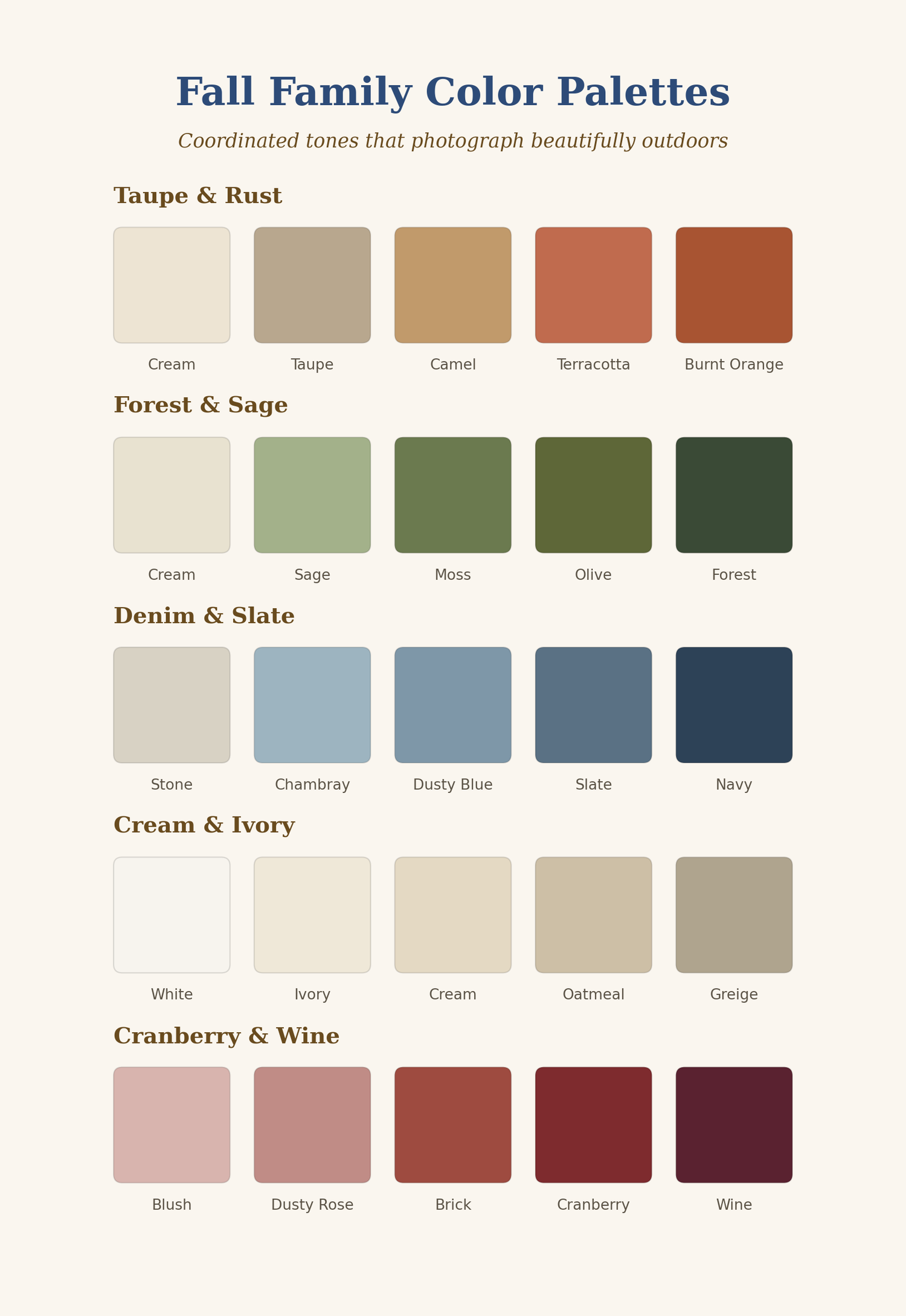 Fall family color palettes chart showing coordinated outdoor photo tones including Taupe, Forest, Denim, Ivory, and Cranberry groups.