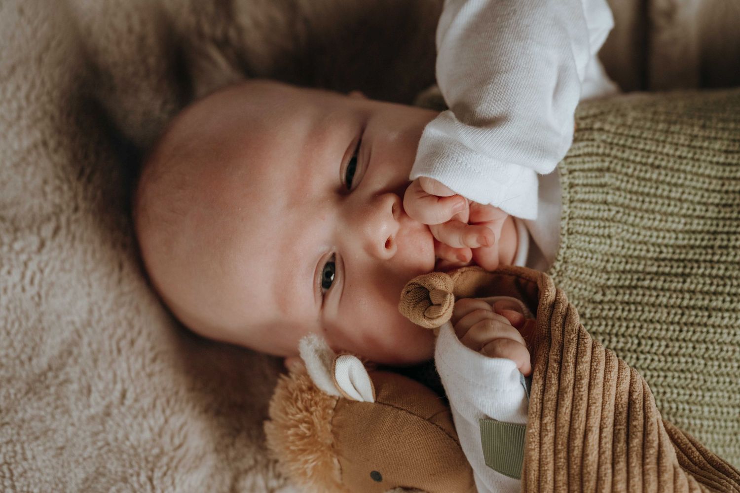 Adorable baby lying down with a pacifier, holding a stuffed toy, wearing a white onesie in a cozy setting.
