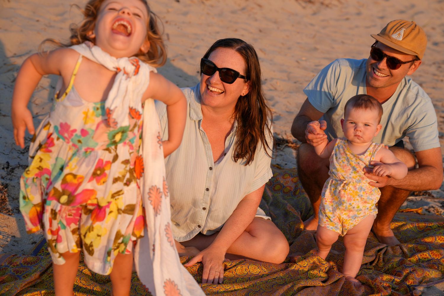 A series of candid beach photos showing people laughing and embracing during golden hour sunset.