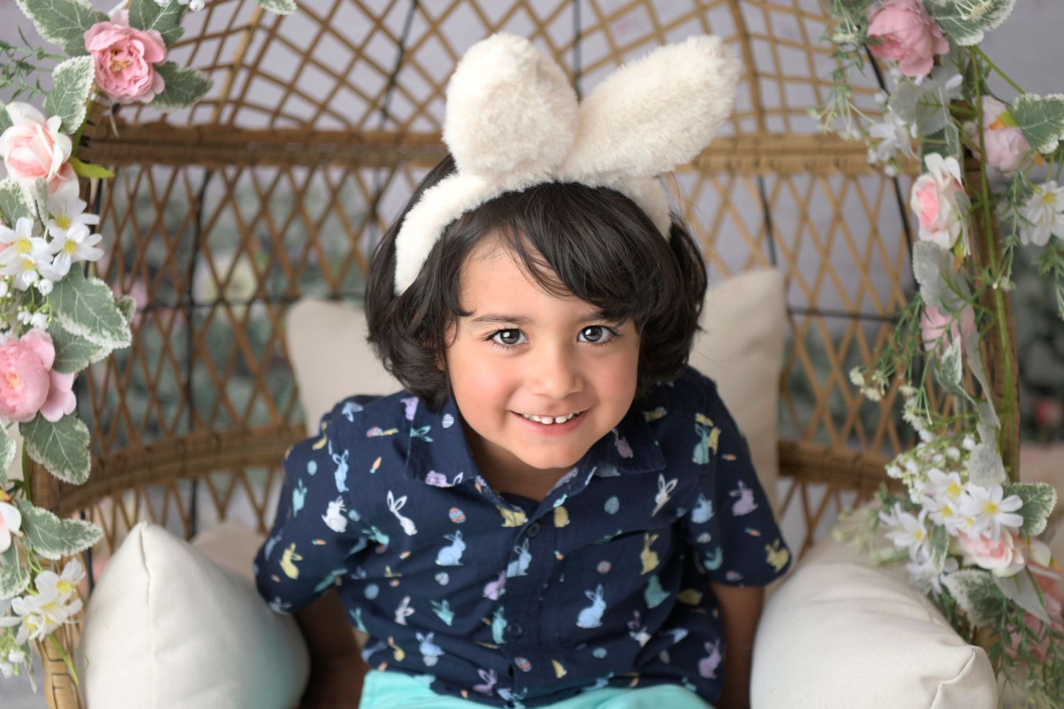 Floral Easter image of child wearing bunny ears in Tempe Mesa Photography Mini Session