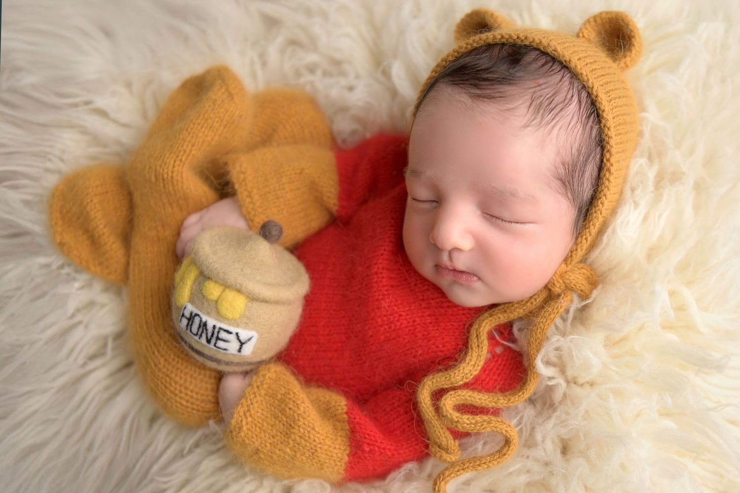 Winnie the Pooh bear themed newborn photo with props by Olivia Grace Photography Queen Creek Arizona
