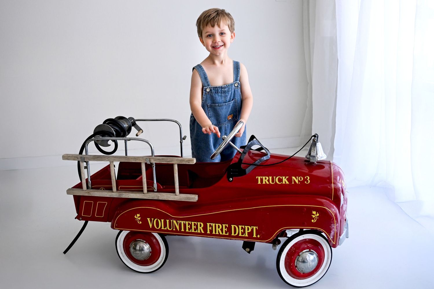 Fire truck natural light old fashioned vintage birthday photoshoot