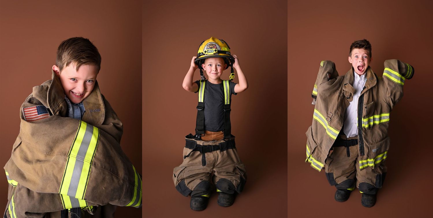 Portraits of three young boys dressed up in their Dad's Arizona Firefighter uniform.