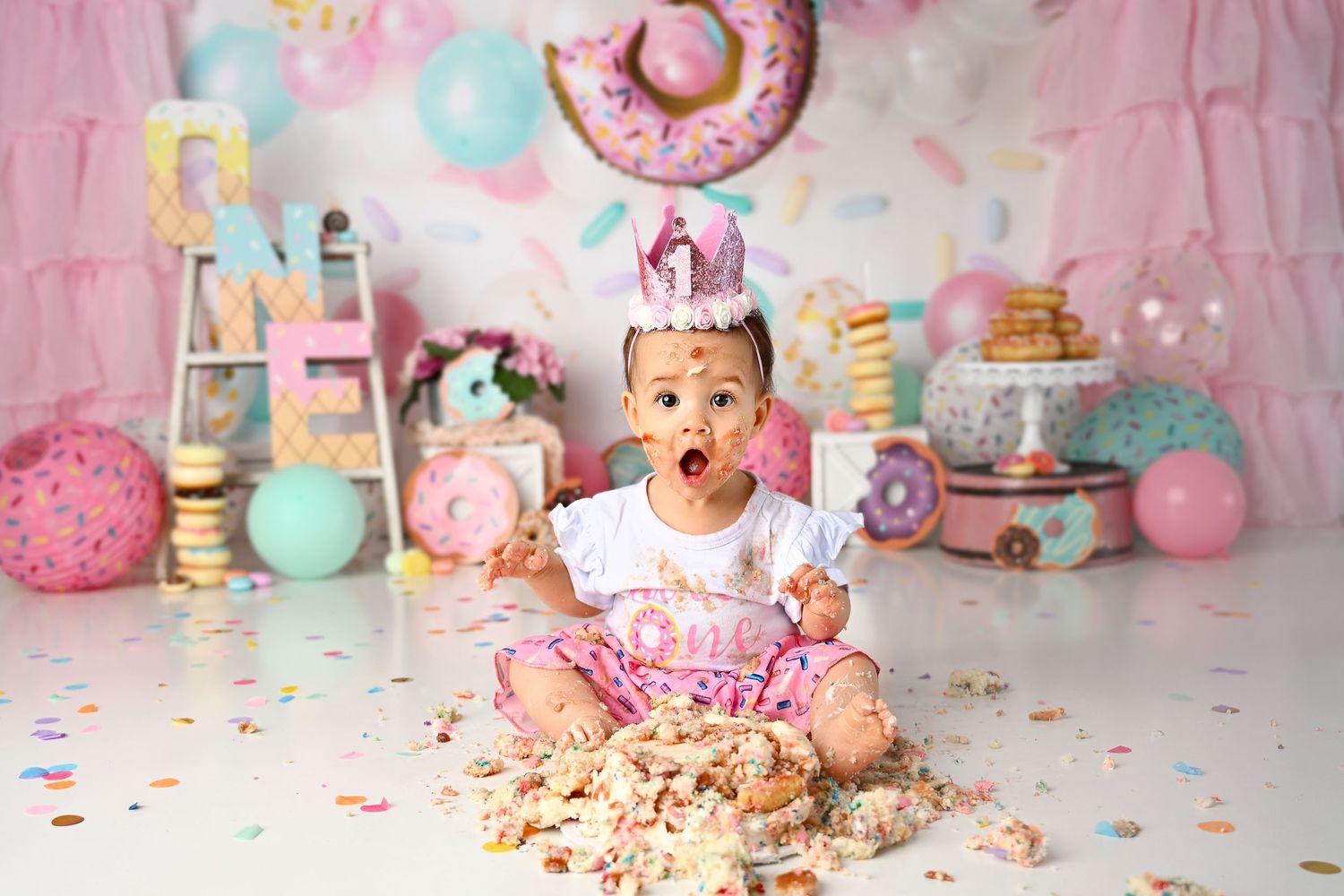 Donut Cake Smash Theme in Gilbert Photography Session with homemade cake by Amour De Sucre Bakery in Tempe Arizona