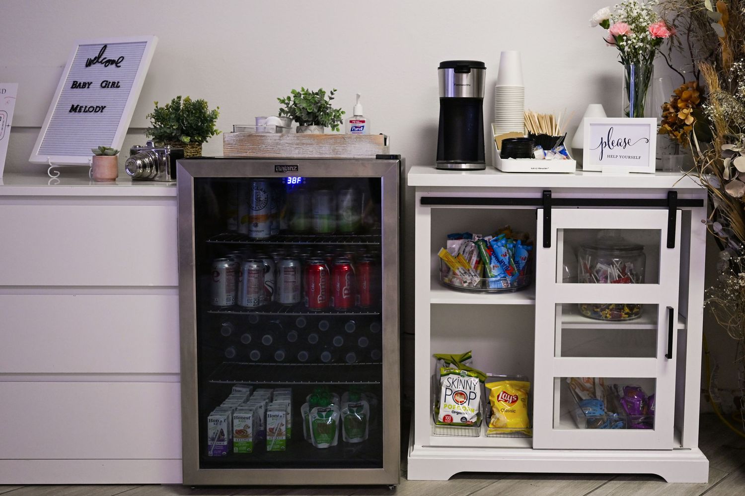 A fully stocked drink and snack counter at the Phoenix Photography studio owned by Arizona Photographer Olivia Grace Selin