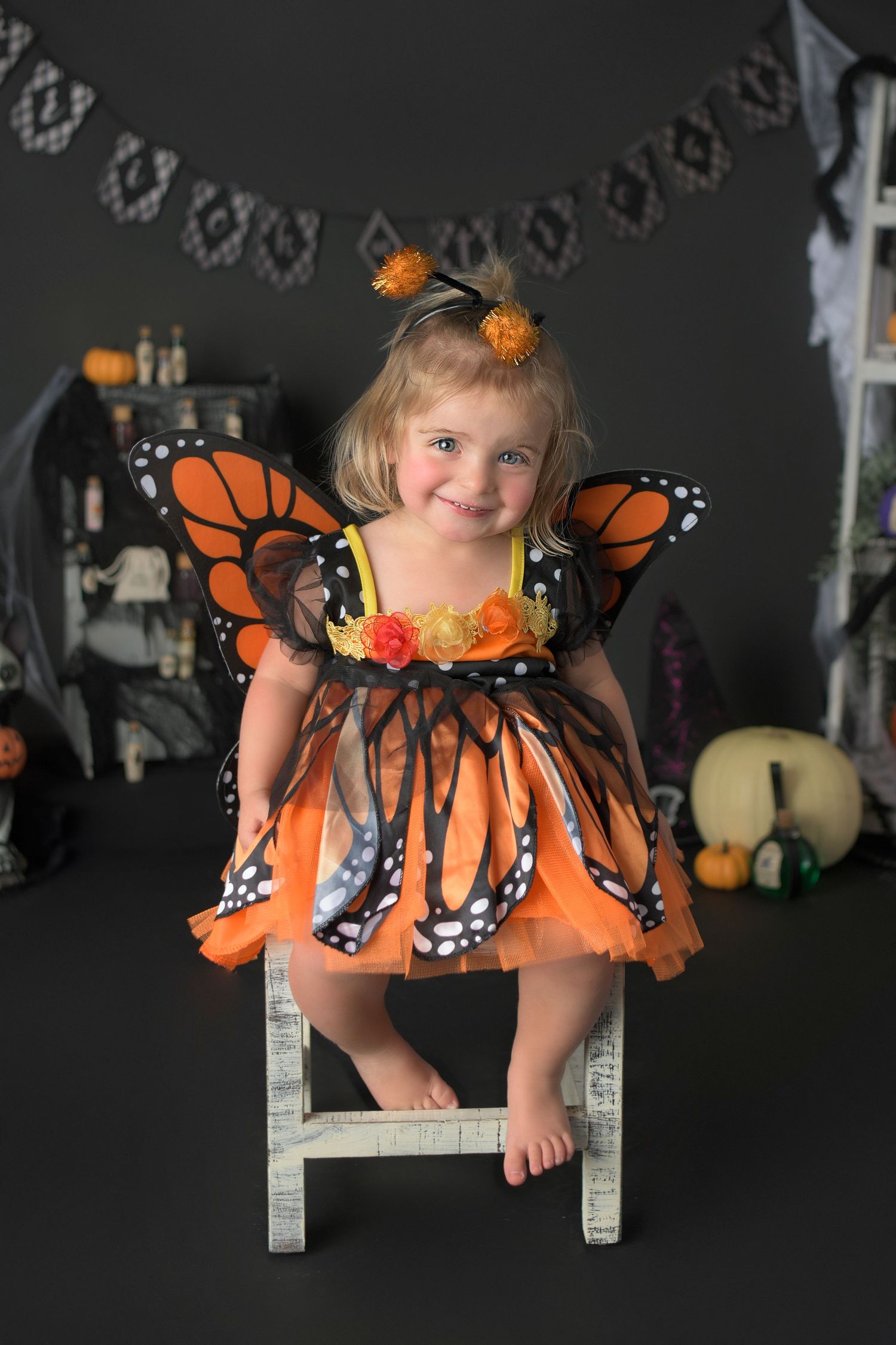 Halloween Mini Session image of toddler girl getting photo taken in her butterfly halloween costume in Phoenix Arizona
