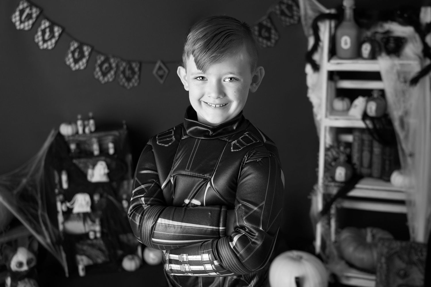 Black and white photo professional headshot halloween mini session