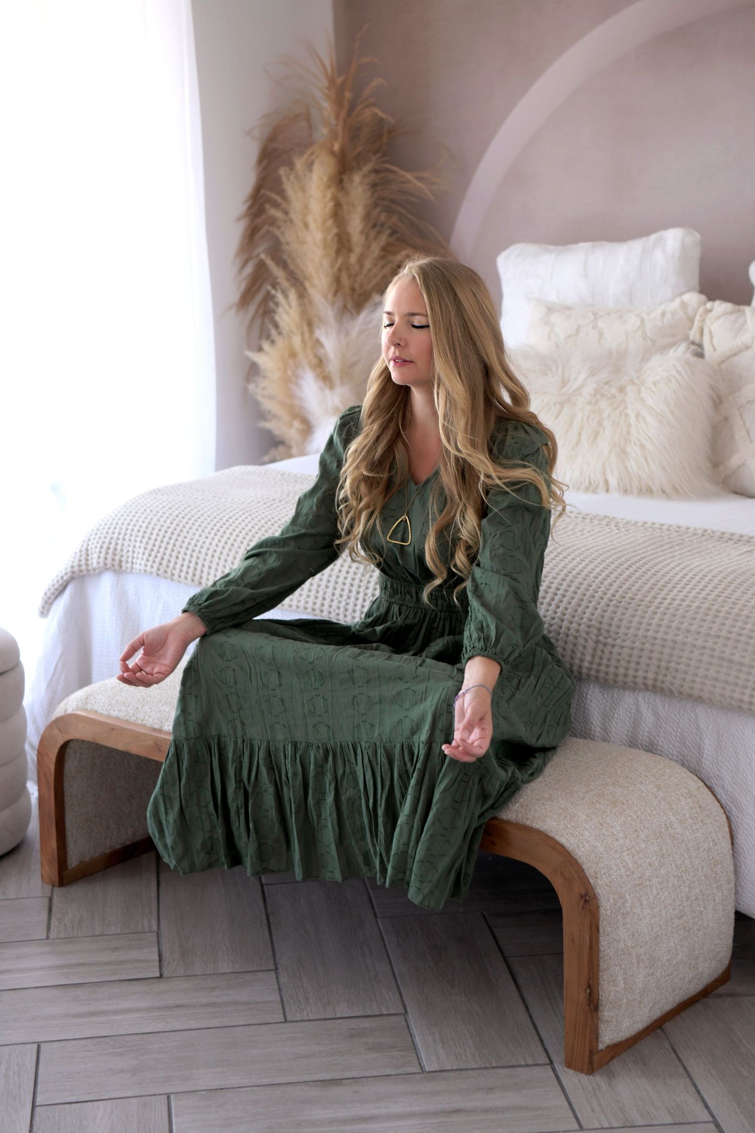 Mediating in peaceful and serene Arizona Boho natural light studio for branding session.