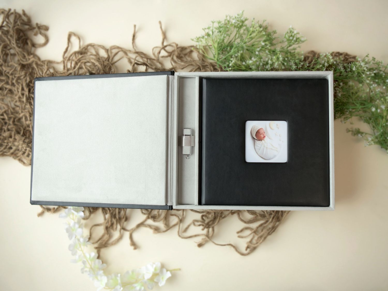 Photo of an album box open showing a thumb drive and luxury photo album
