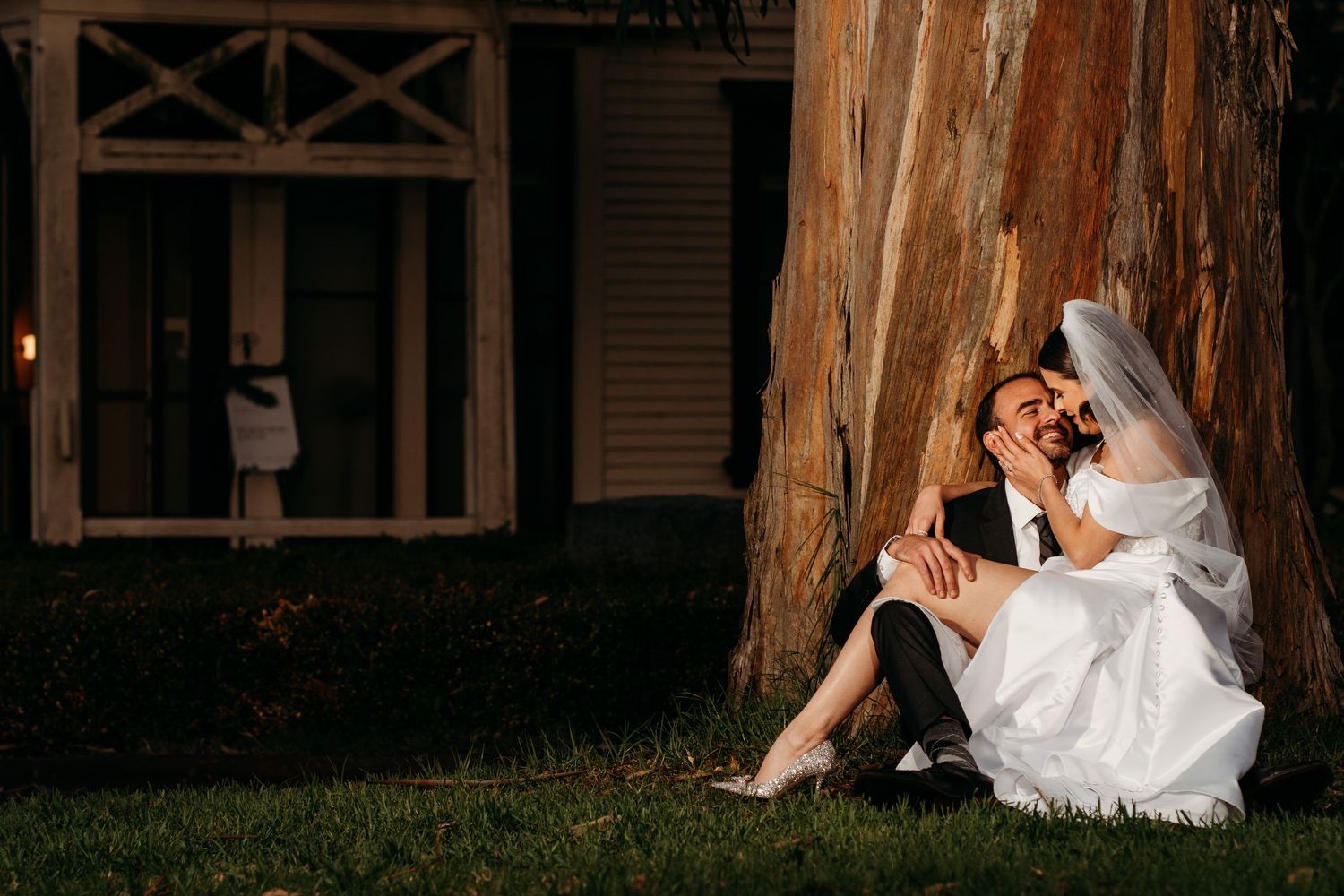 A romantic wedding photo of a couple sitting together at dusk near a large tree. San Francisco, California.