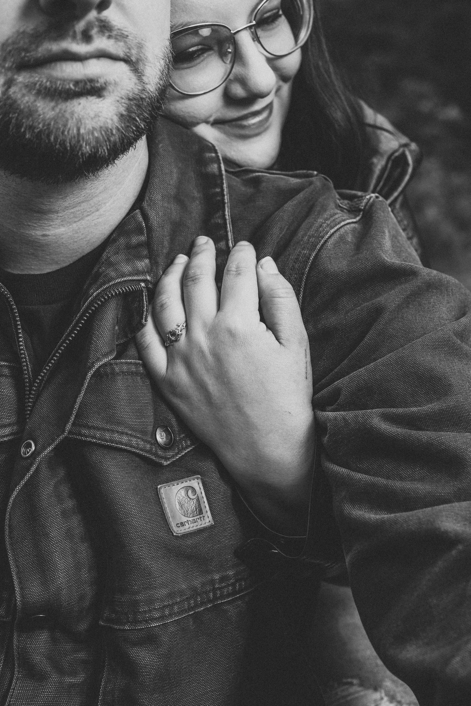 Close up of engagement ring shown in black and white portrait. Indiana.