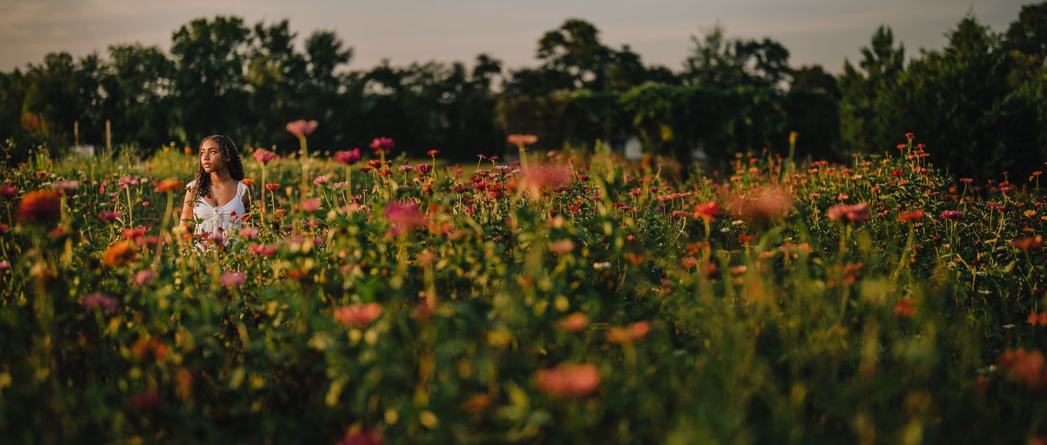 Wide landscape shot of colorful wildflower field at golden hour with distant figure in white dress. Nashville, Tennessee.