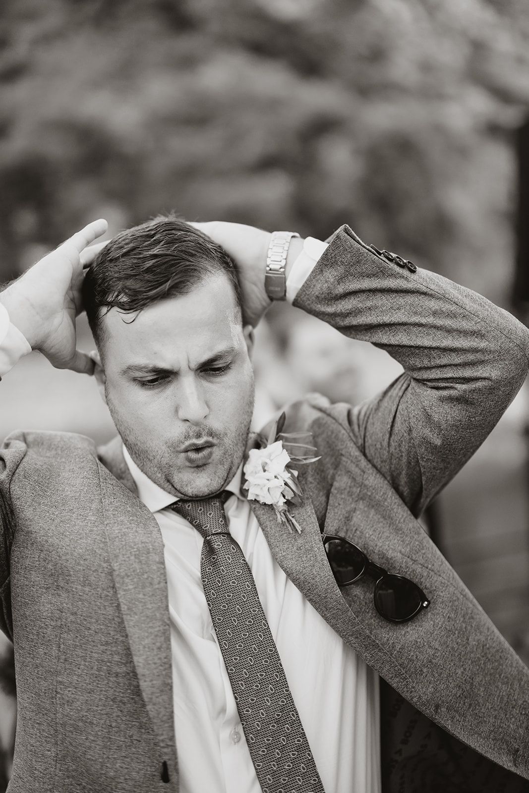 A series of expressive reactions in formal attire at a special event.