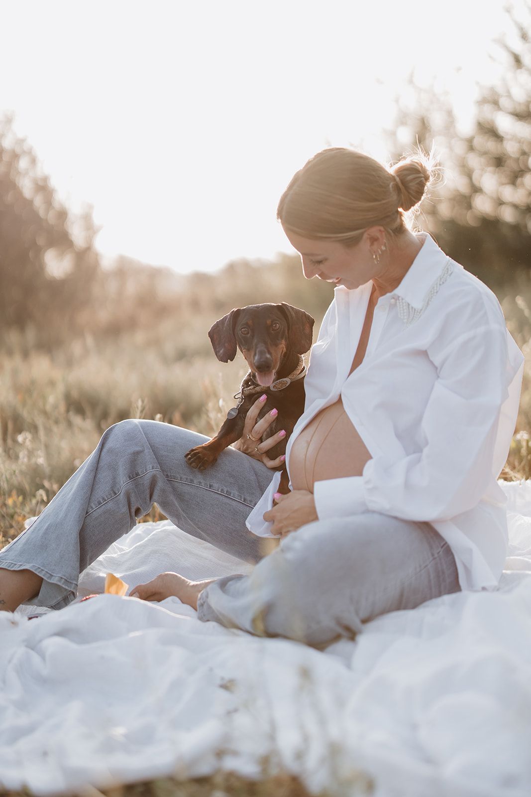A tender moment between an expectant mother and puppy sitting on a white blanket in a grassy field.