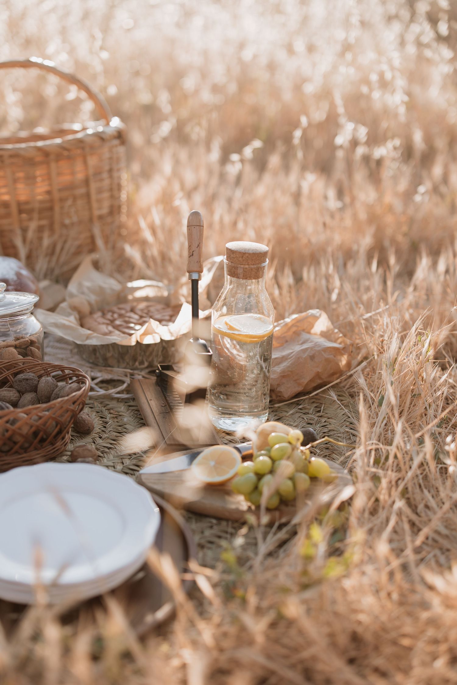A rustic outdoor picnic setting with a glass bottle, grapes and plates set in golden dry grass at sunset.
