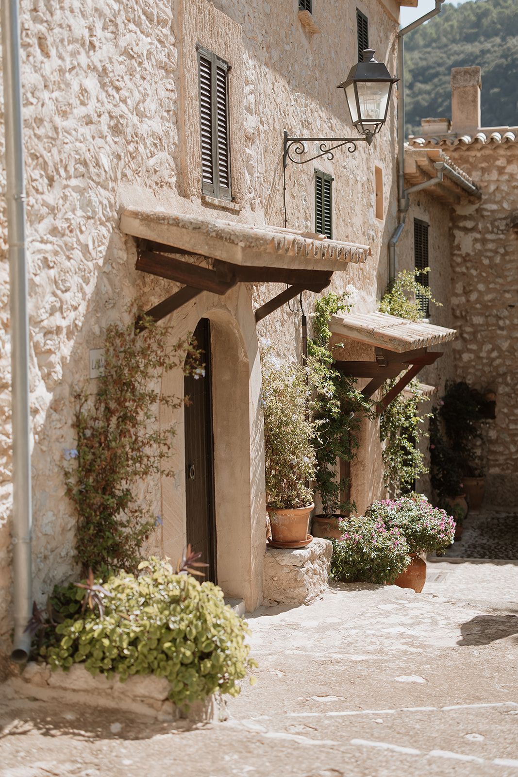 Rustic Mediterranean alley with stone walls and hanging flower pots.