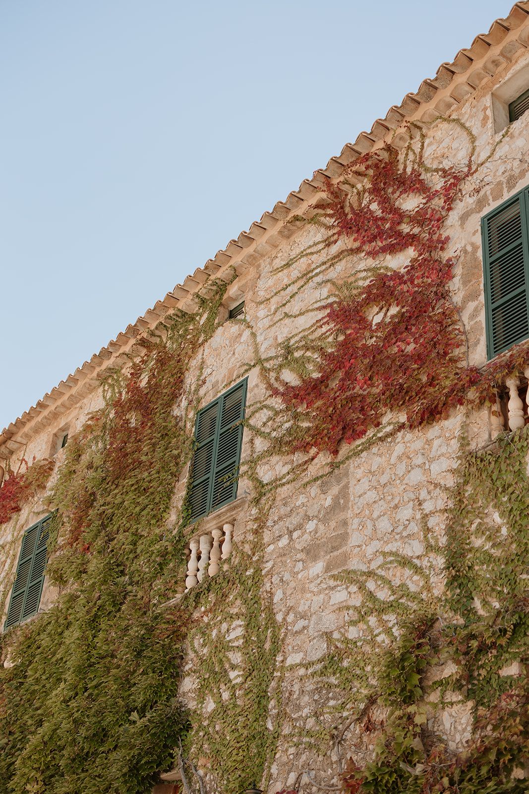Stone building facade covered in red and green climbing vines against blue sky.
