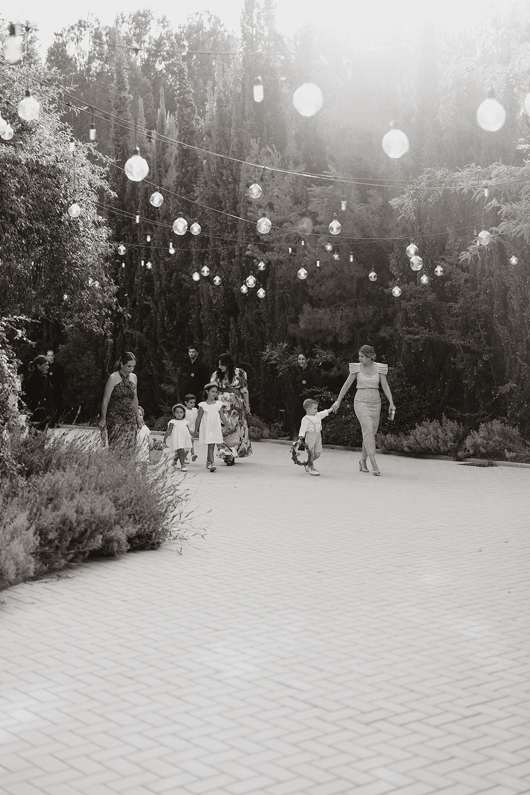 String lights illuminate a pathway at dusk during an outdoor celebration.